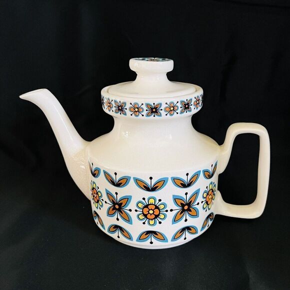 RARE Vintage Staffordshire Floral Teapot MCM Mid Century Modern Atomic Teal Oran